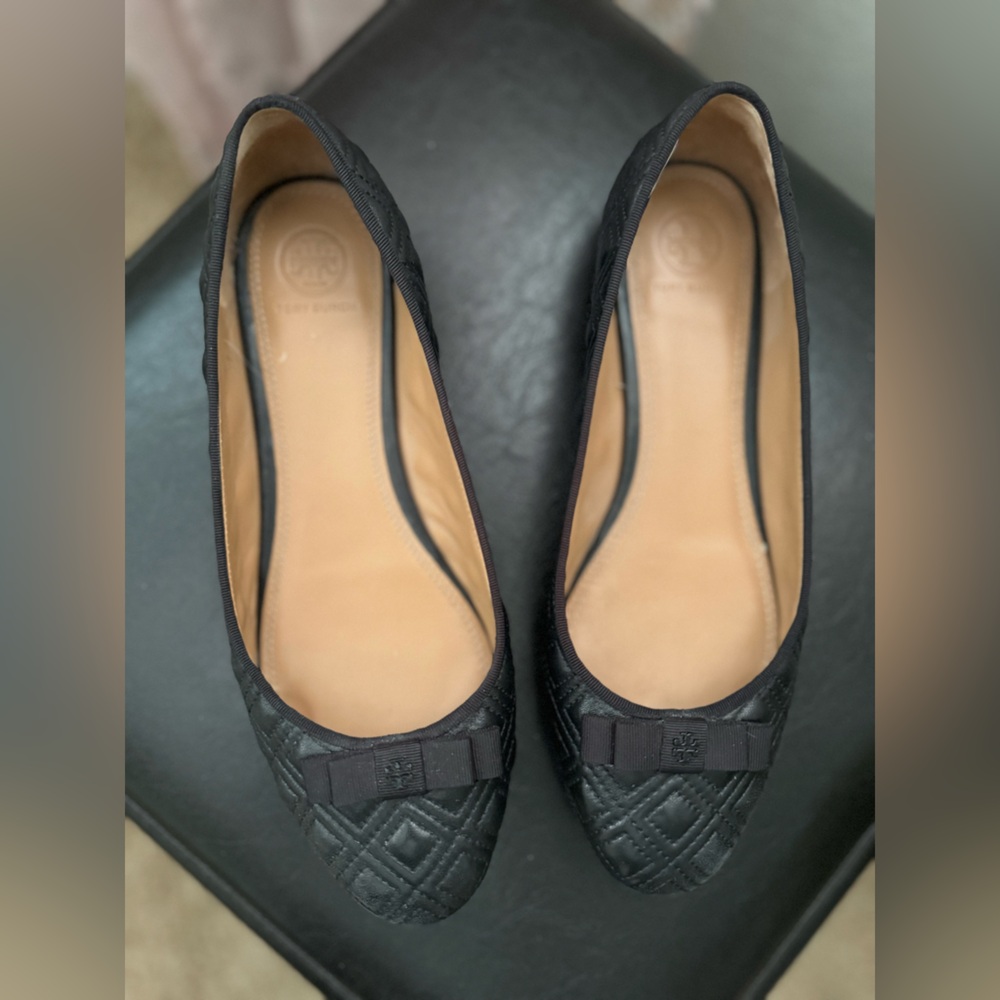 EUC Tory Burch Nappa Leather Quilted Marion Ballet Flats Black Size 8.5
